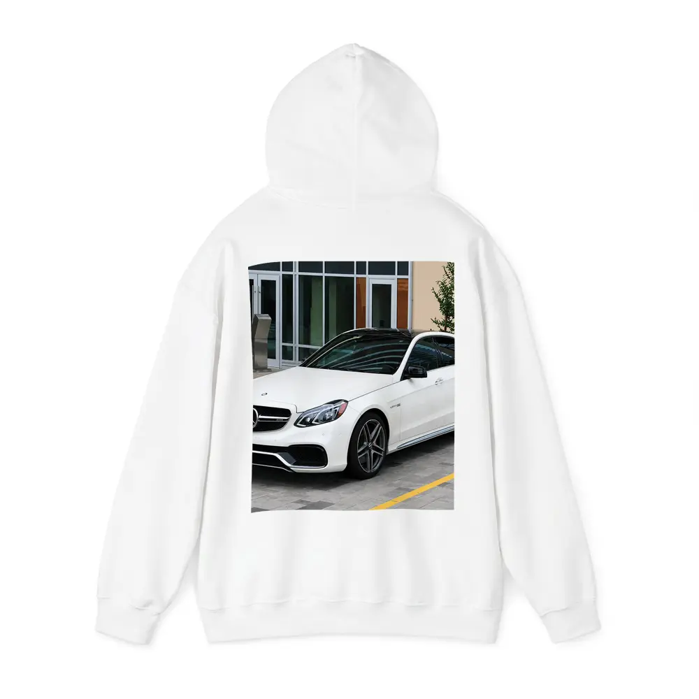 Mercedes AMG E Class White Sedan Parked – Hoodies