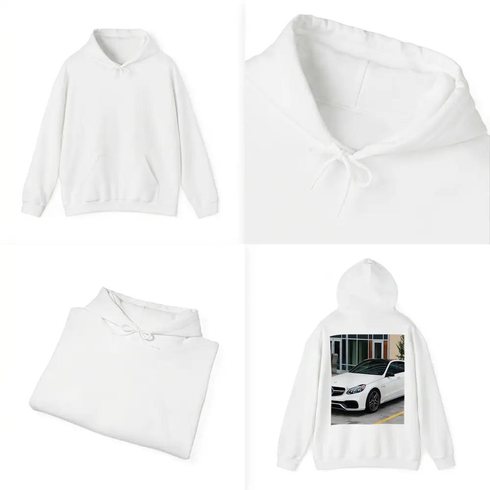 Mercedes AMG E Class White Sedan Parked – Hoodies