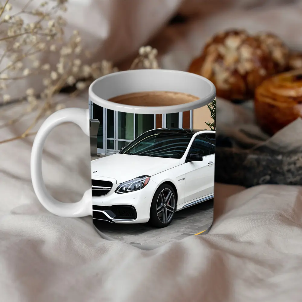 Mercedes AMG E Class White Sedan Parked – Mugs