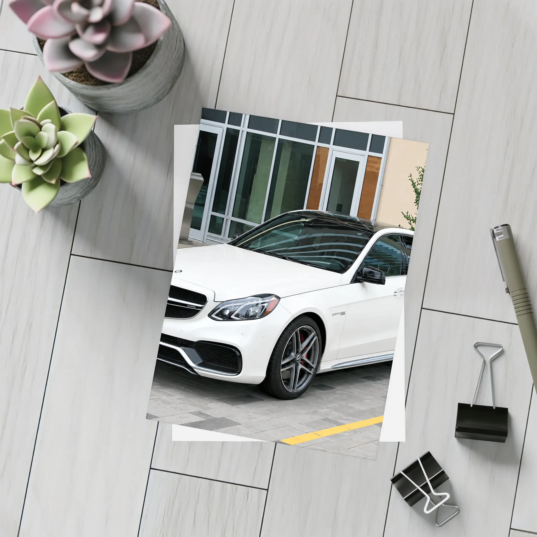 Mercedes AMG E Class White Sedan Parked – Postcards