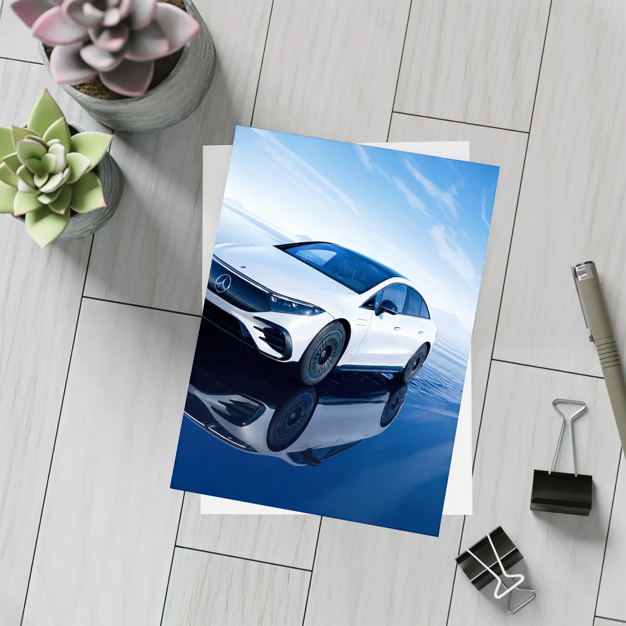 Mercedes EQS White Electric Sedan Blue Sky – Postcards