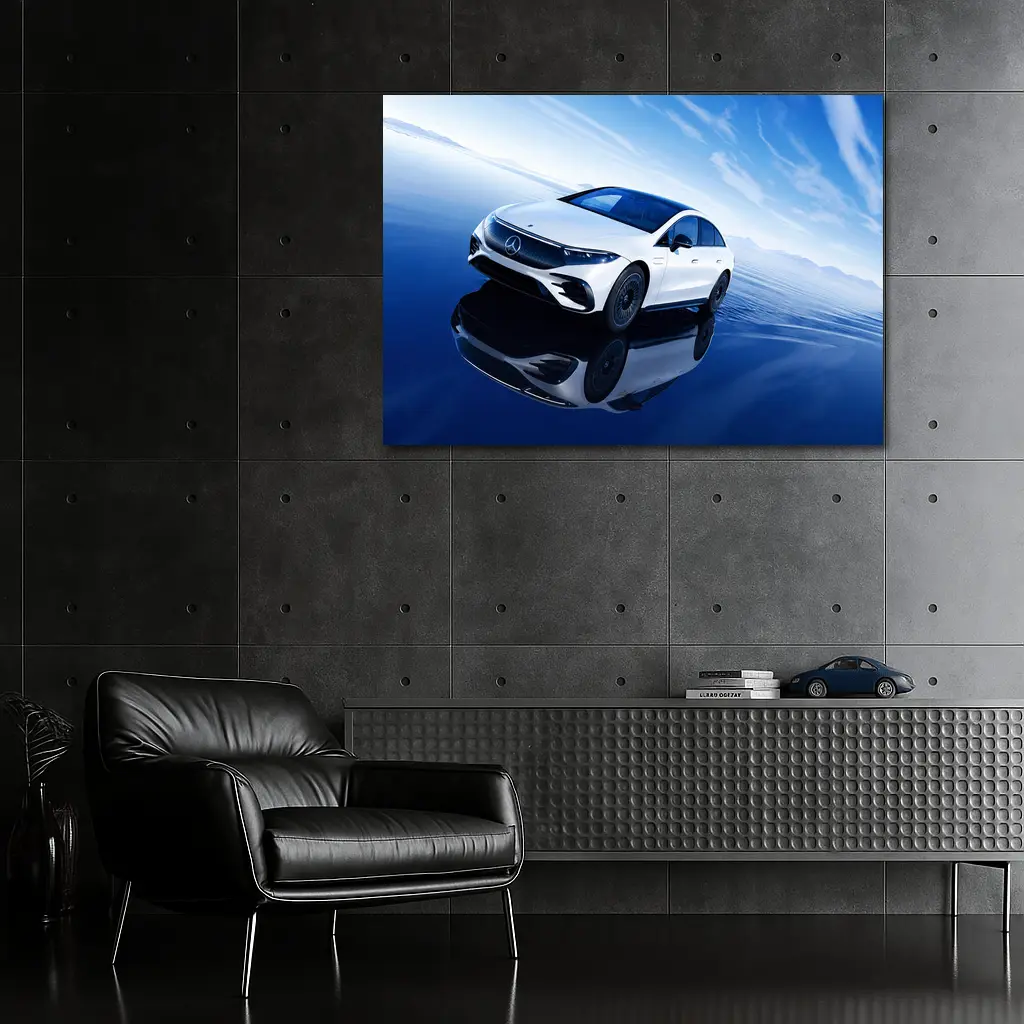 Mercedes EQS White Electric Sedan Blue Sky – Wall Art