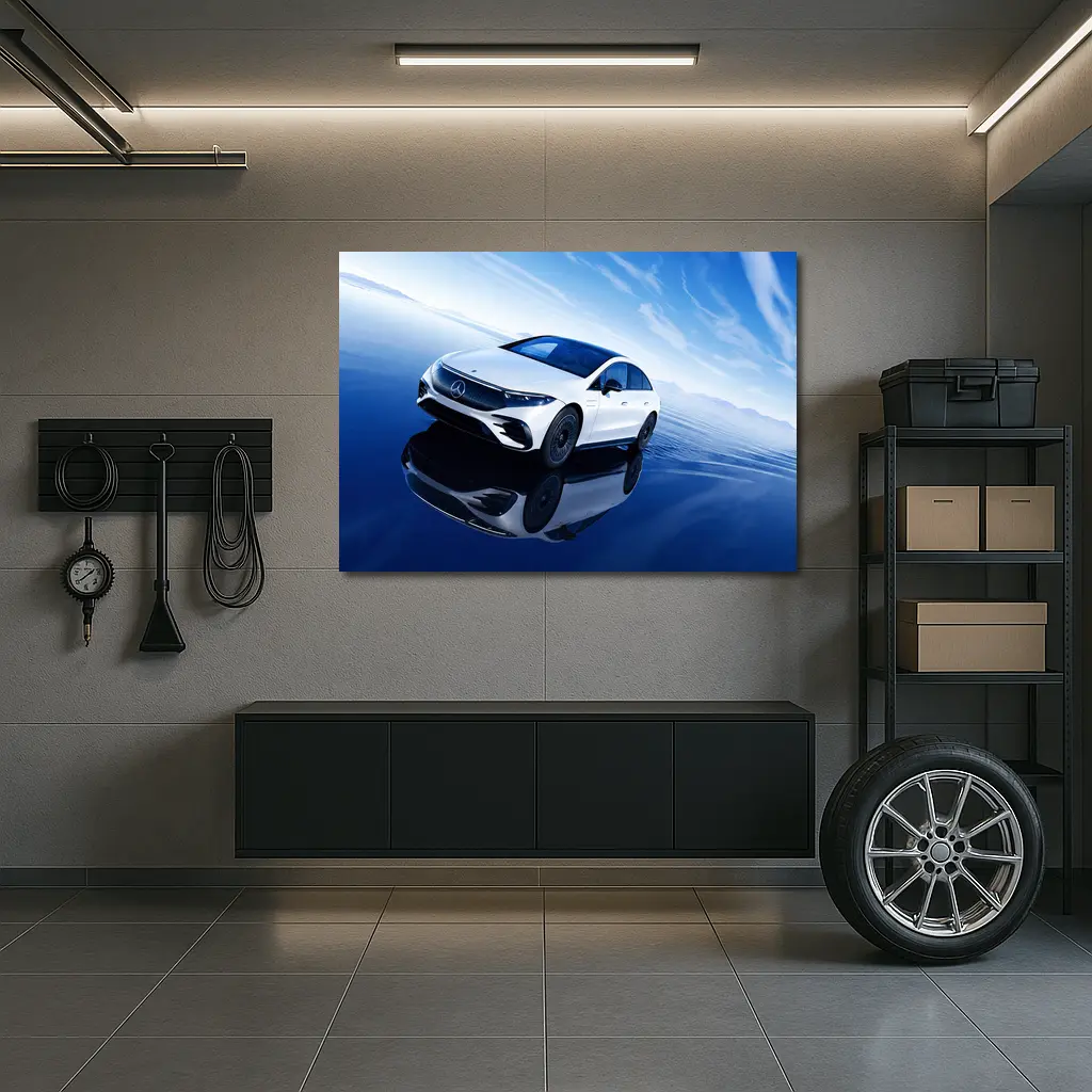 Mercedes EQS White Electric Sedan Blue Sky – Wall Art
