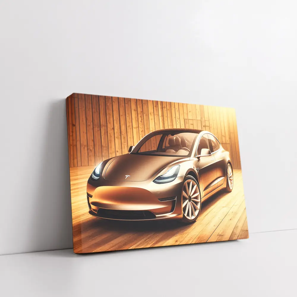 Tesla Model 3 Warm Wood Background Art – Wall Art