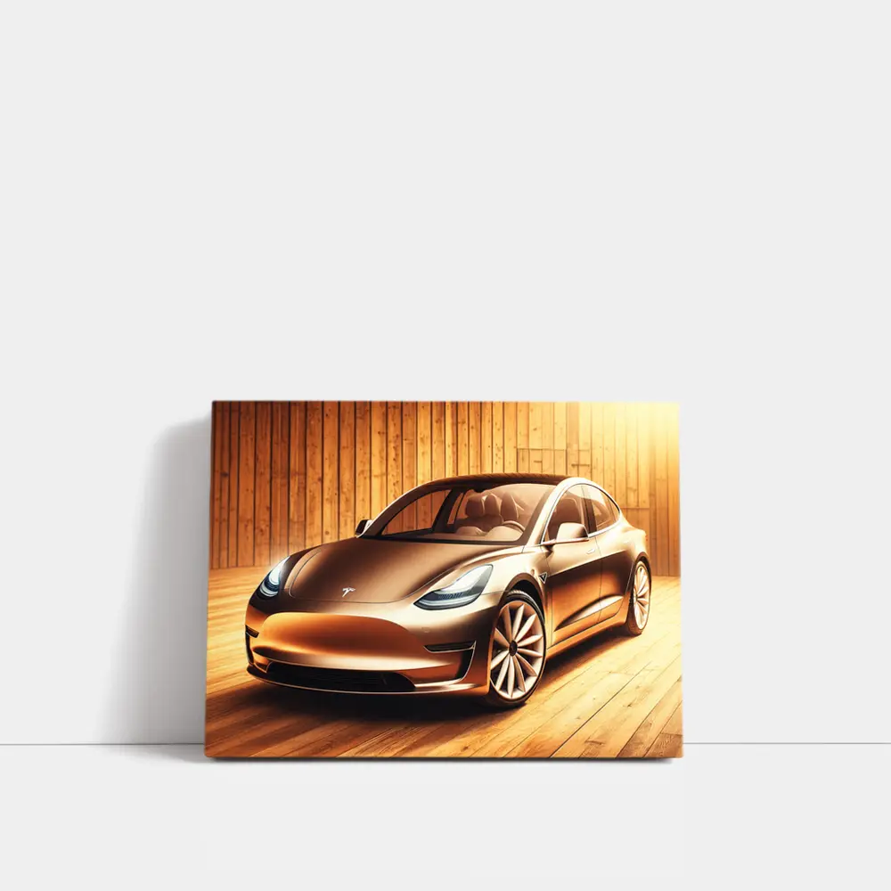 Tesla Model 3 Warm Wood Background Art – Wall Art