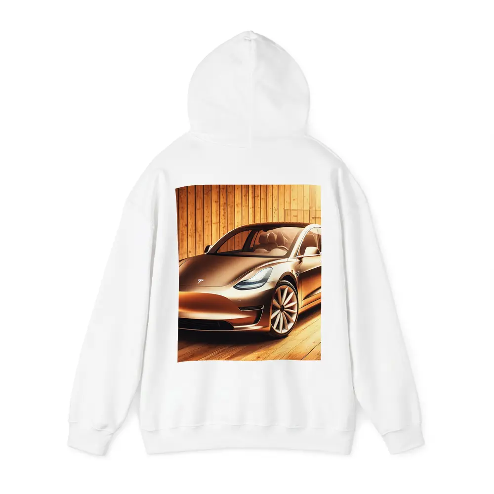 Tesla Model 3 Warm Wood Background Art – Hoodies