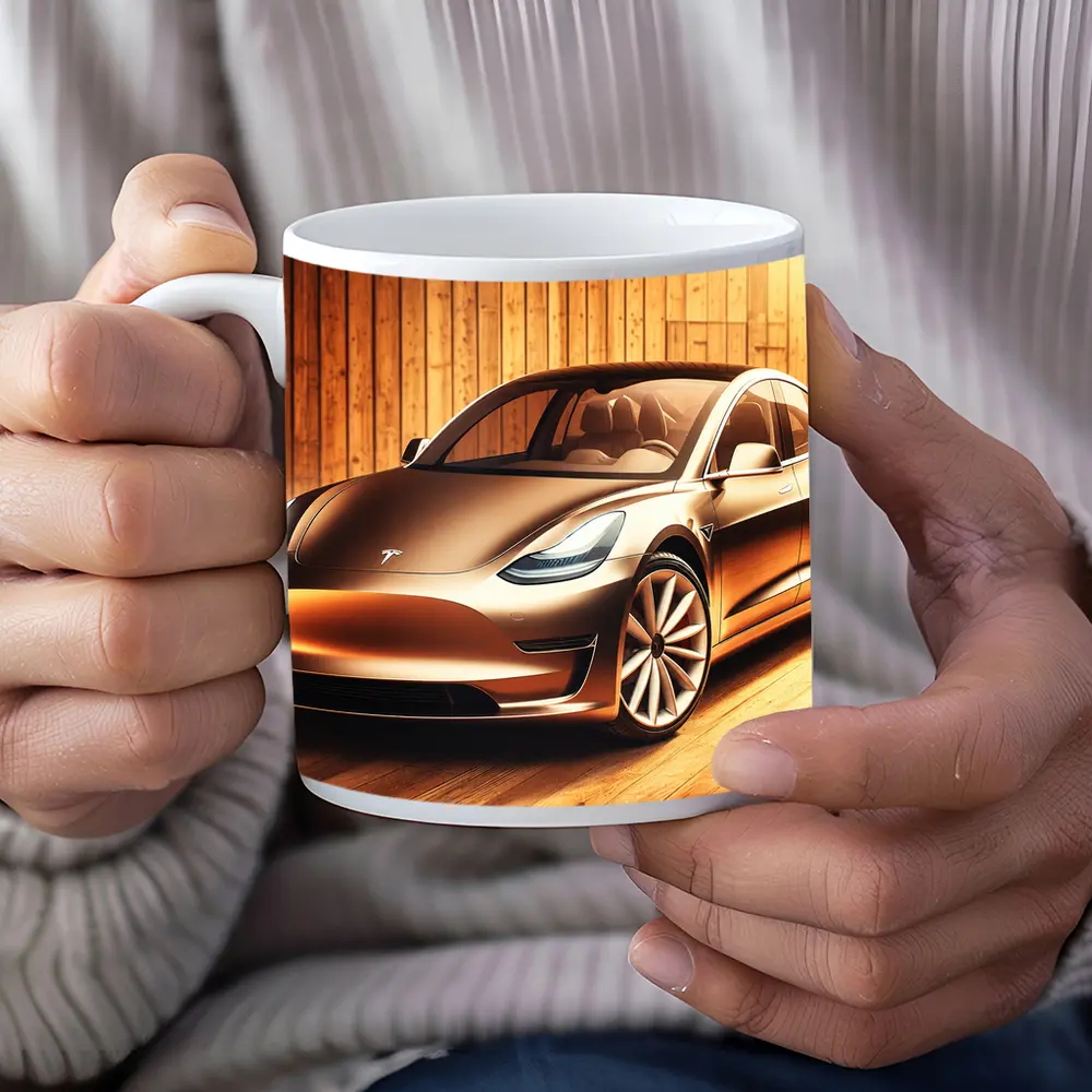 Tesla Model 3 Warm Wood Background Art – Mugs