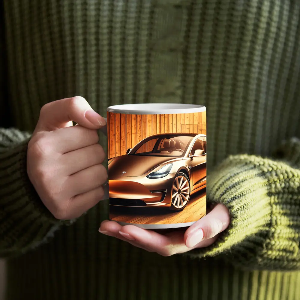 Tesla Model 3 Warm Wood Background Art – Mugs