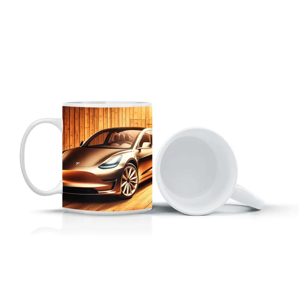 Tesla Model 3 Warm Wood Background Art – Mugs