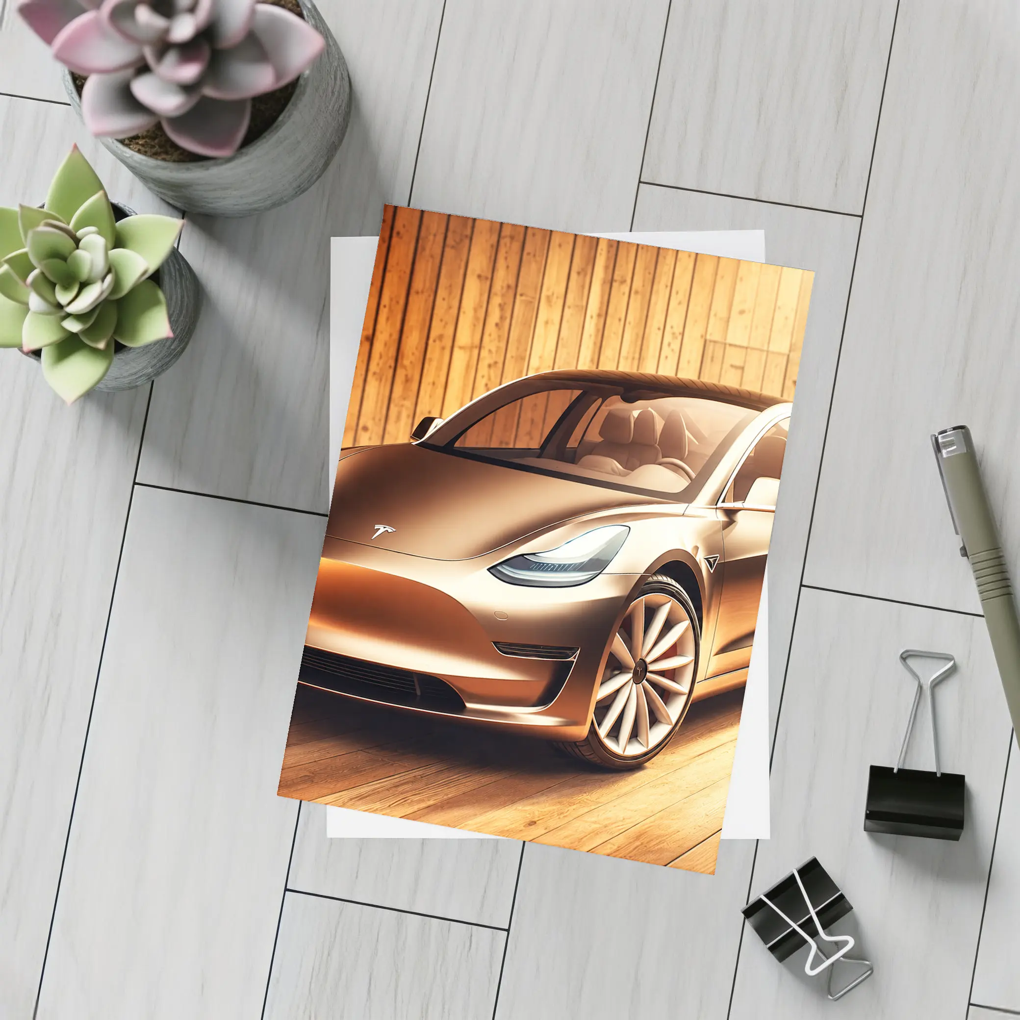 Tesla Model 3 Warm Wood Background Art – Postcards