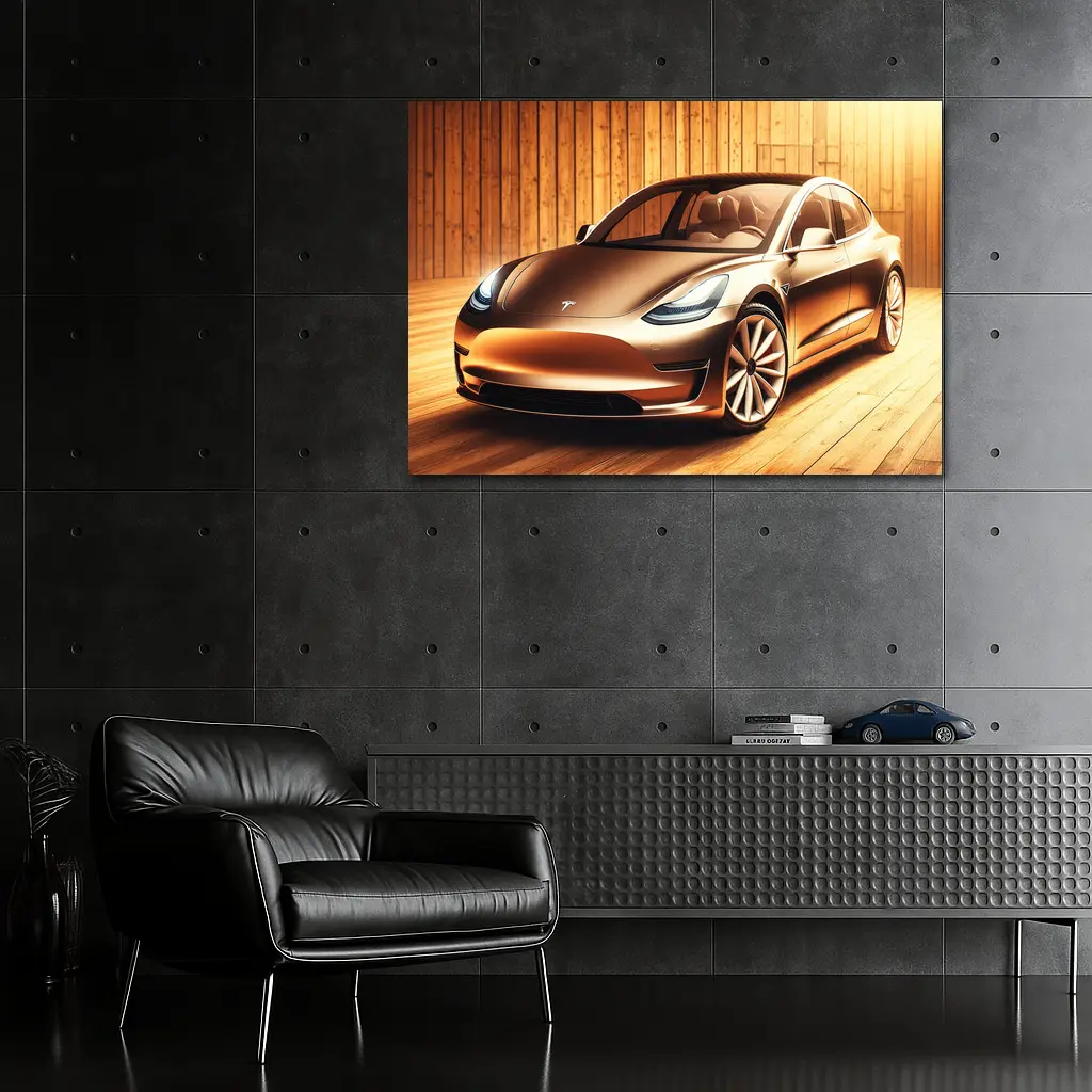Tesla Model 3 Warm Wood Background Art – Wall Art