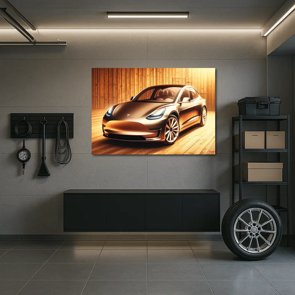 Tesla Model 3 Warm Wood Background Art – Wall Art