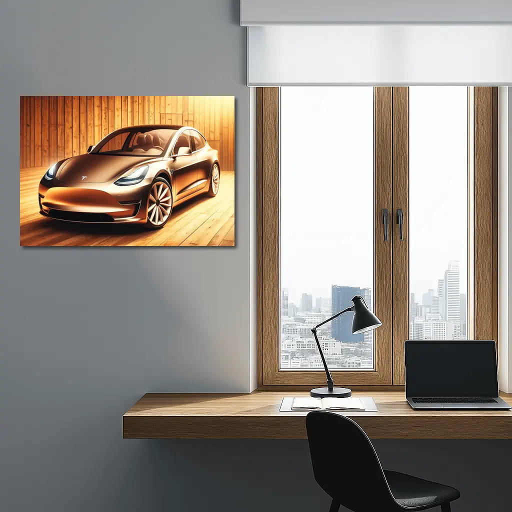 Tesla Model 3 Warm Wood Background Art – Wall Art