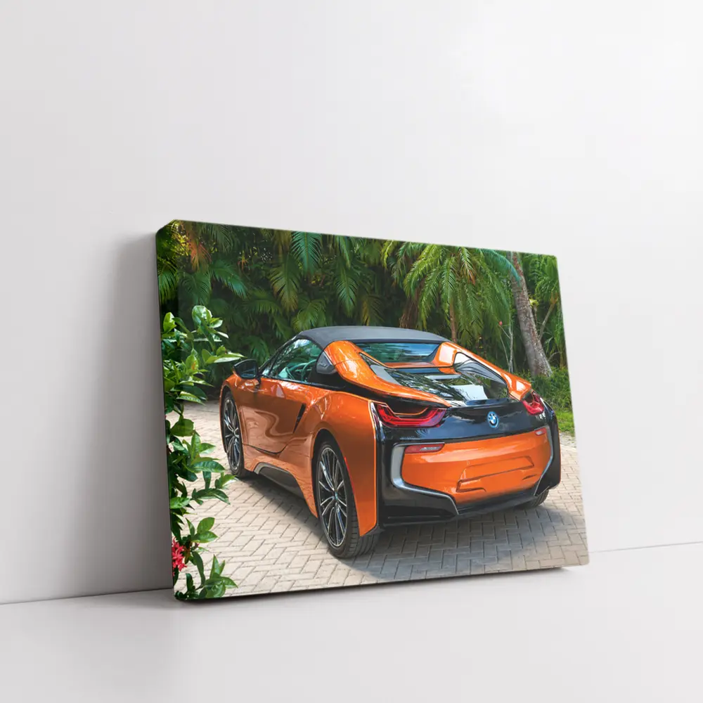 BMW i8 Orange Sports Car Tropical Setting – Wall Art