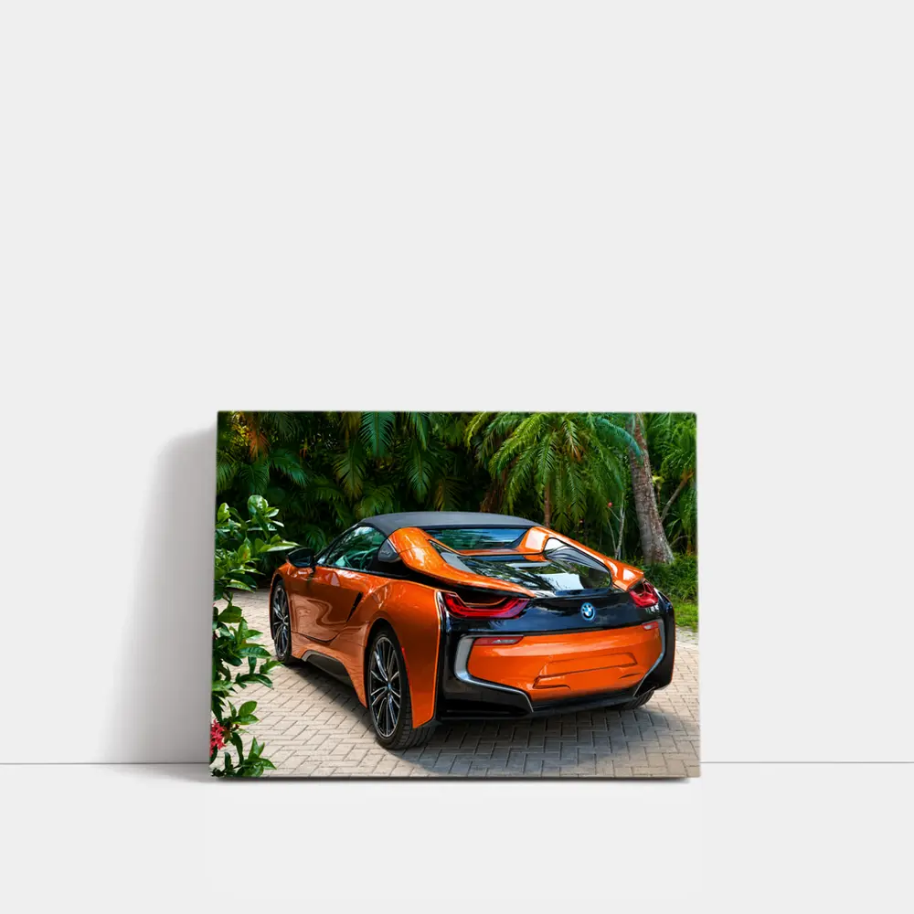 BMW i8 Orange Sports Car Tropical Setting – Wall Art