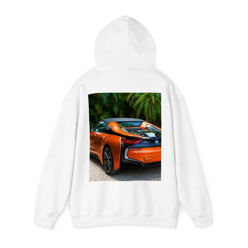 BMW i8 Orange Sports Car Tropical Setting – Hoodies