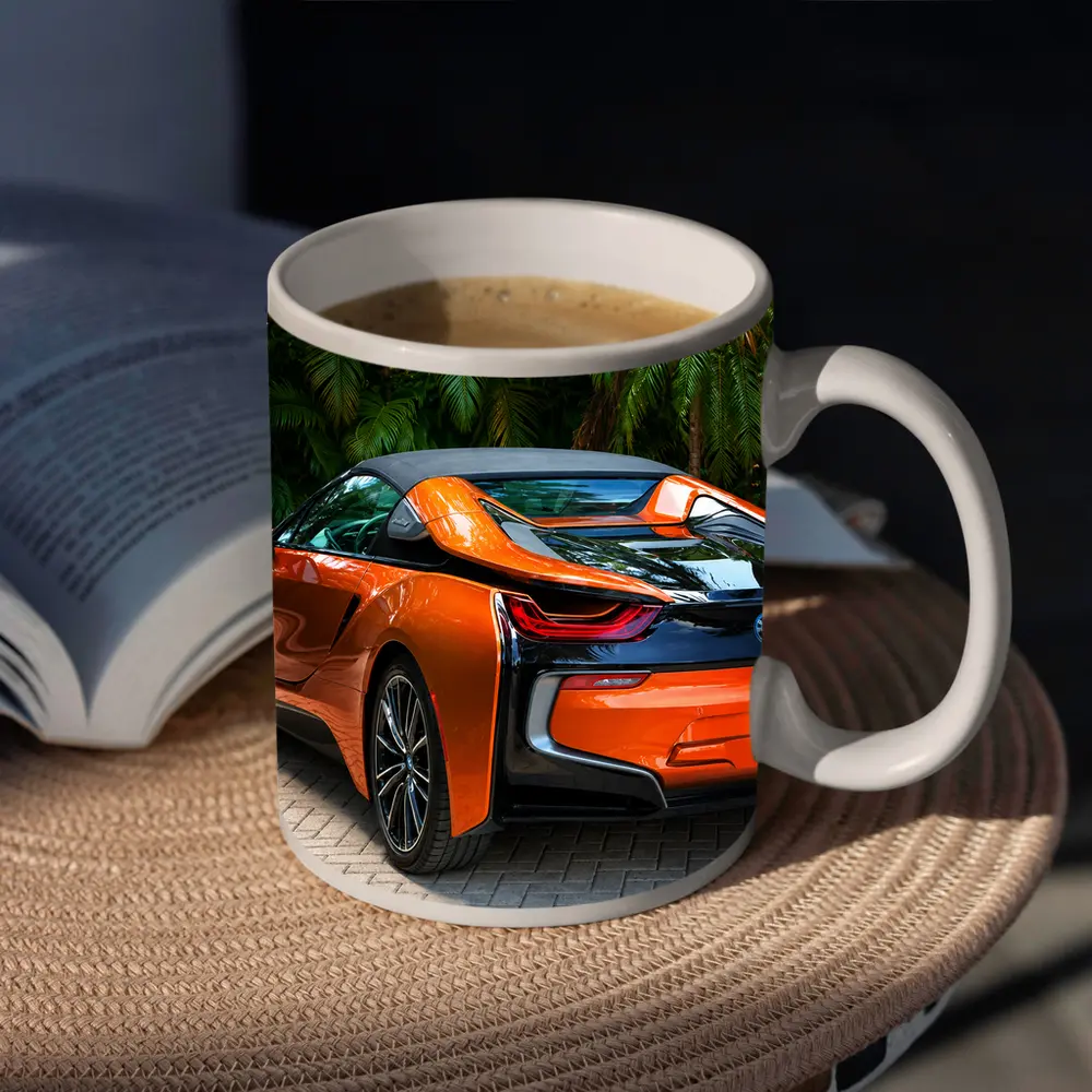 BMW i8 Orange Sports Car Tropical Setting – Mugs