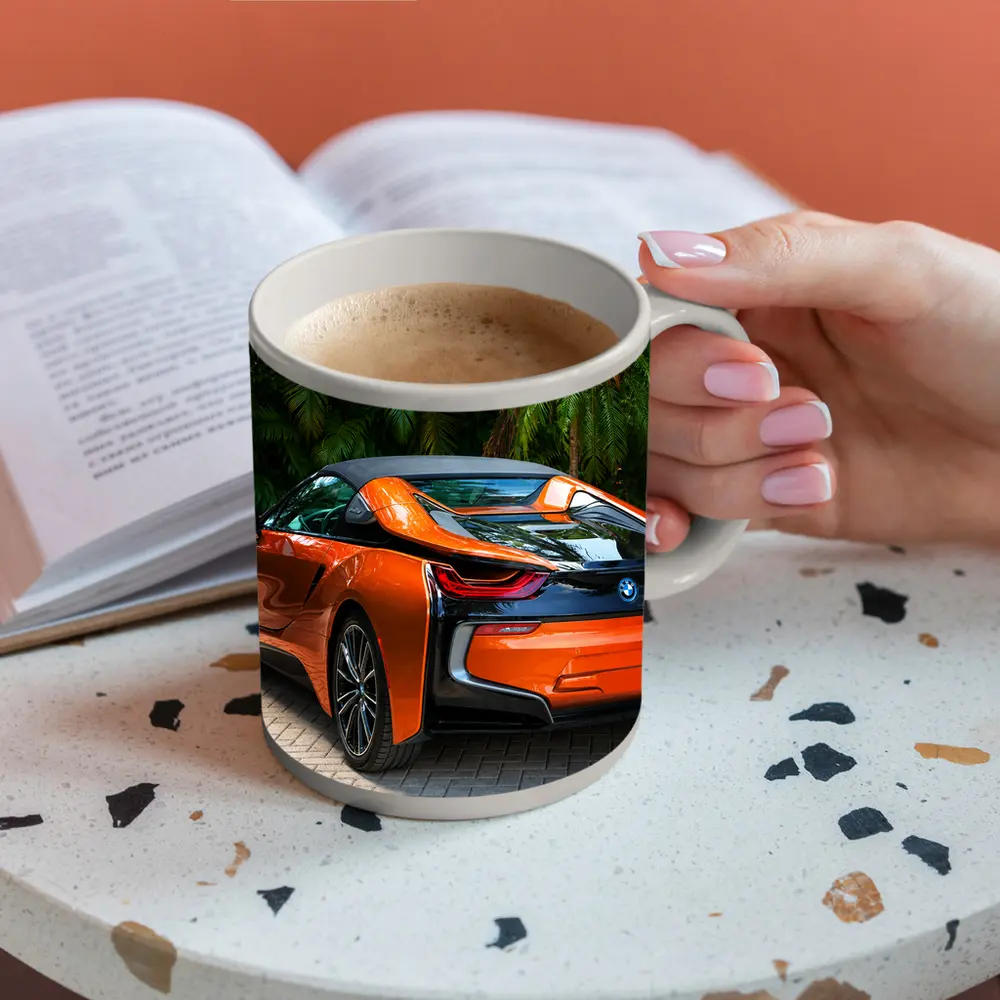 BMW i8 Orange Sports Car Tropical Setting – Mugs