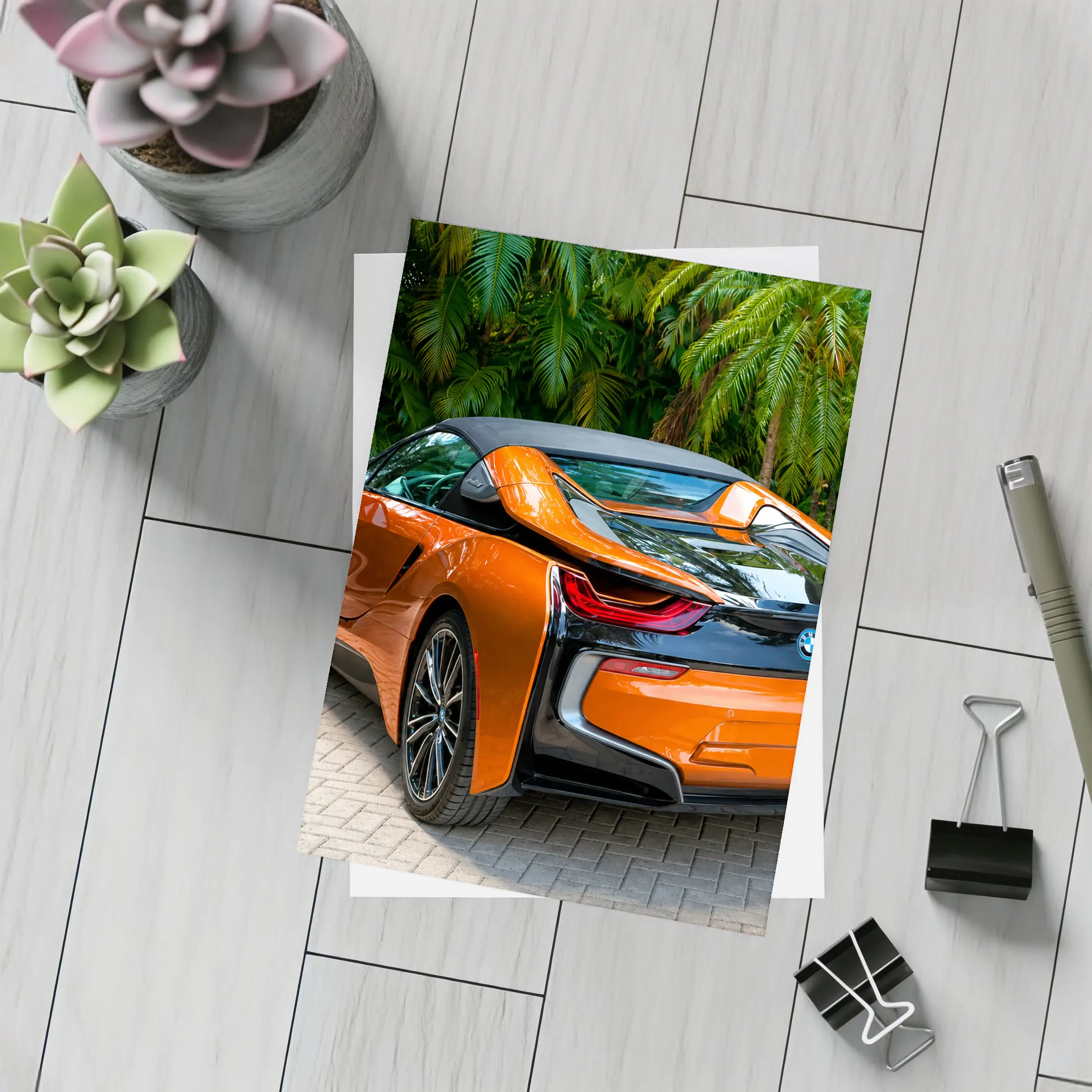 BMW i8 Orange Sports Car Tropical Setting – Postcards