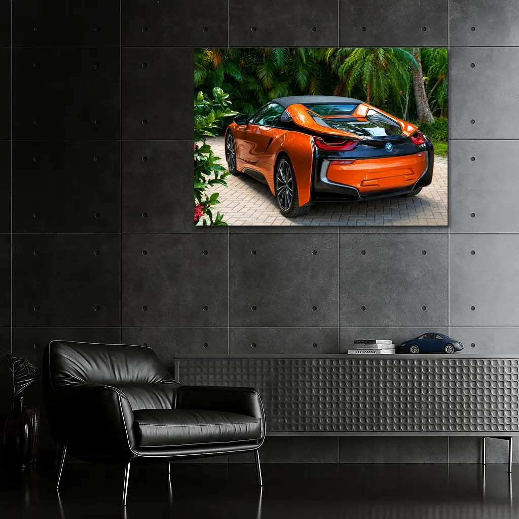 BMW i8 Orange Sports Car Tropical Setting – Wall Art