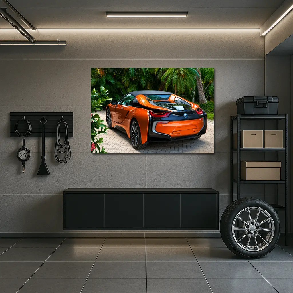 BMW i8 Orange Sports Car Tropical Setting – Wall Art
