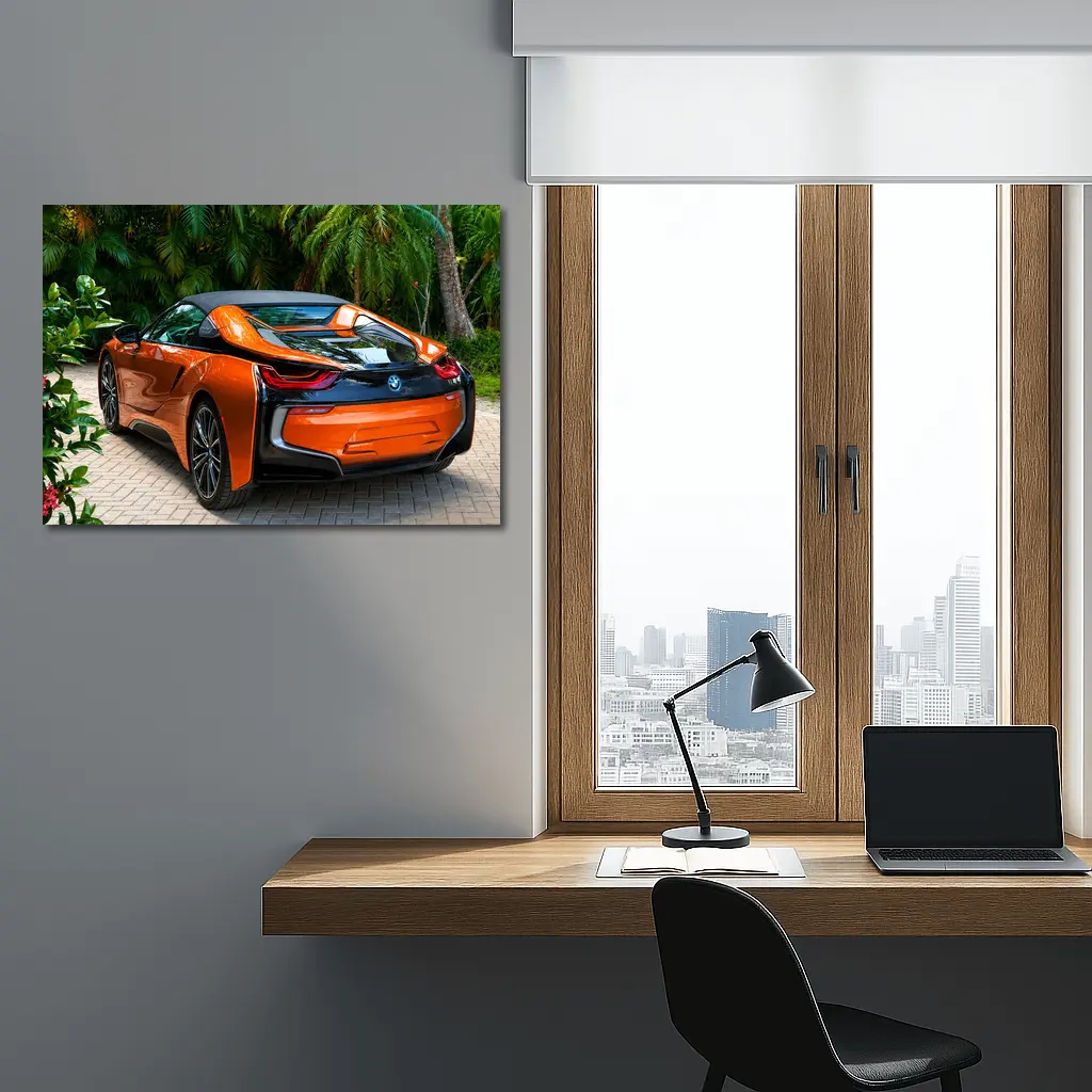 BMW i8 Orange Sports Car Tropical Setting – Wall Art