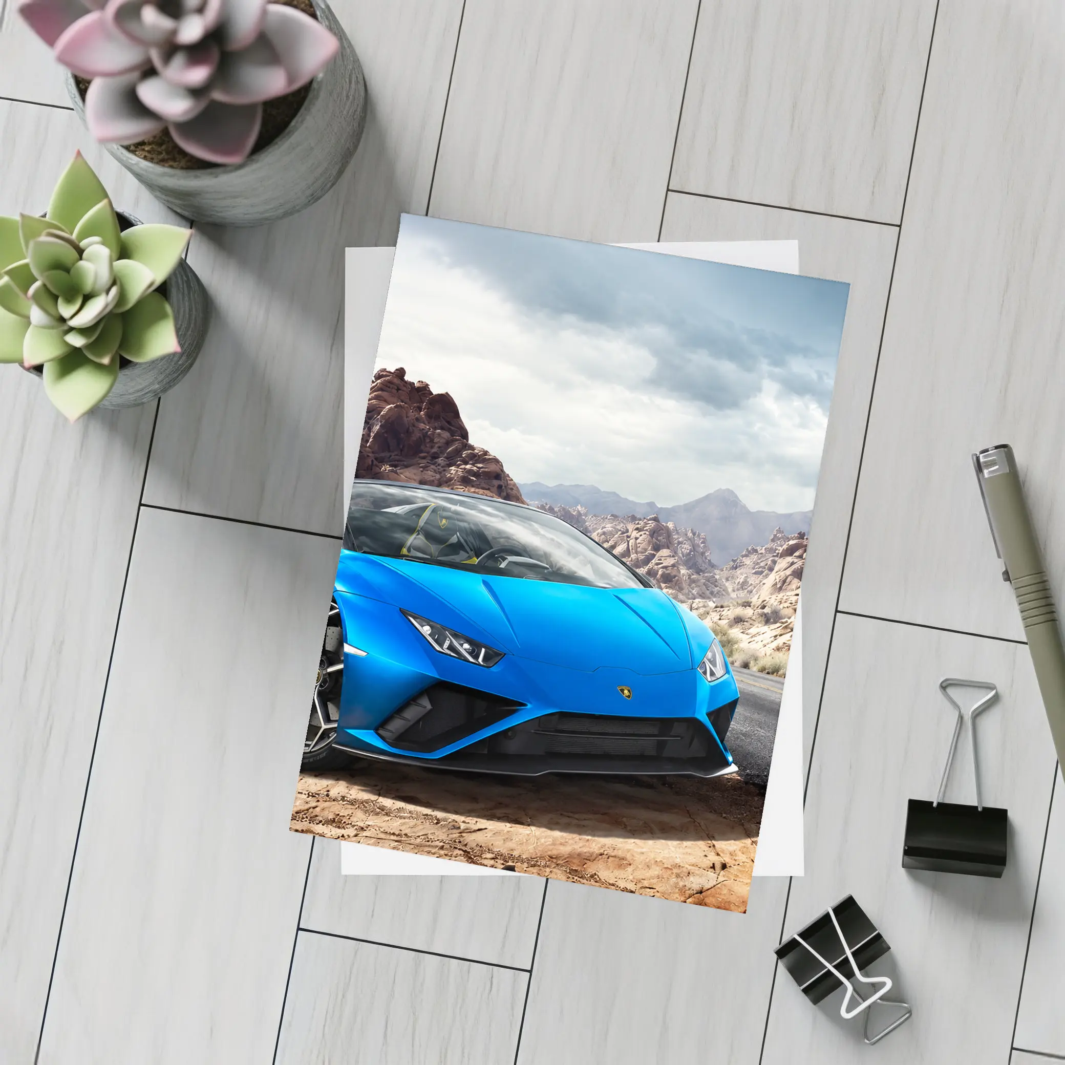 Lamborghini Huracan Blue Desert Rocky Landscape – Postcards