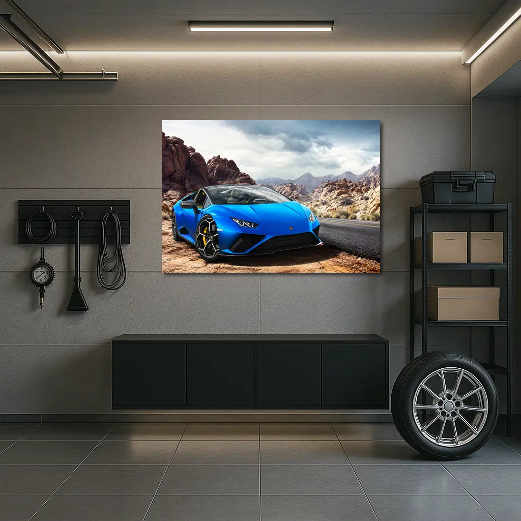 Lamborghini Huracan Blue Desert Rocky Landscape – Wall Art