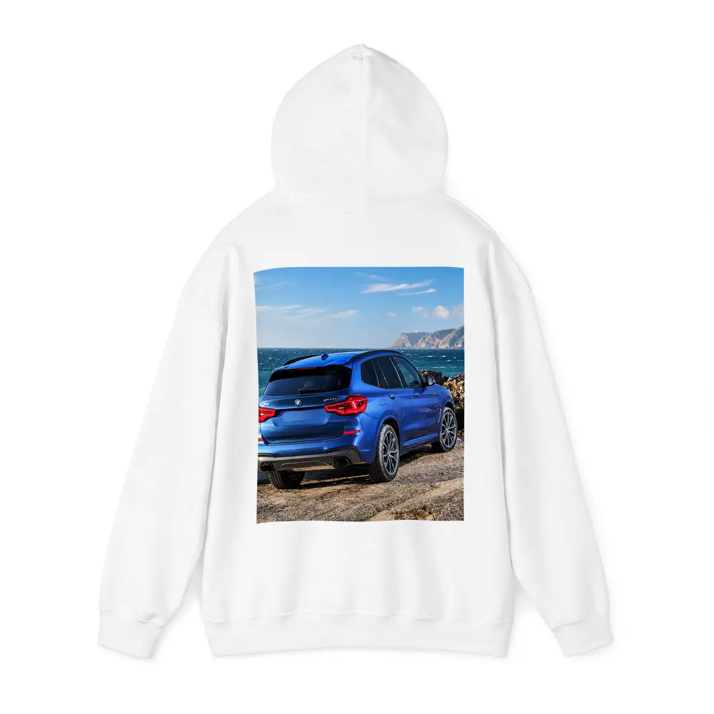 BMW X3 Blue SUV Rocky Coastal View – Hoodies
