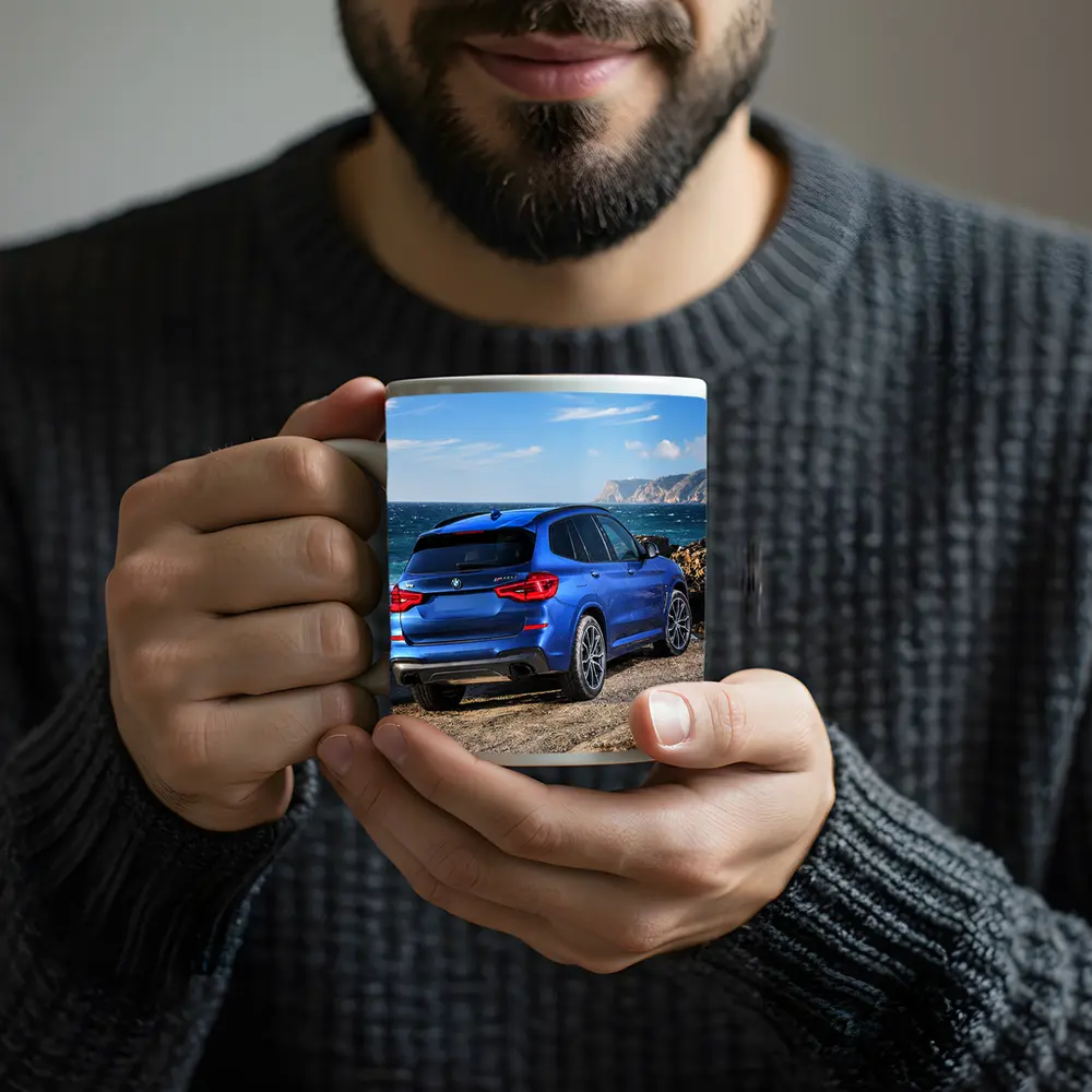 BMW X3 Blue SUV Rocky Coastal View – Mugs