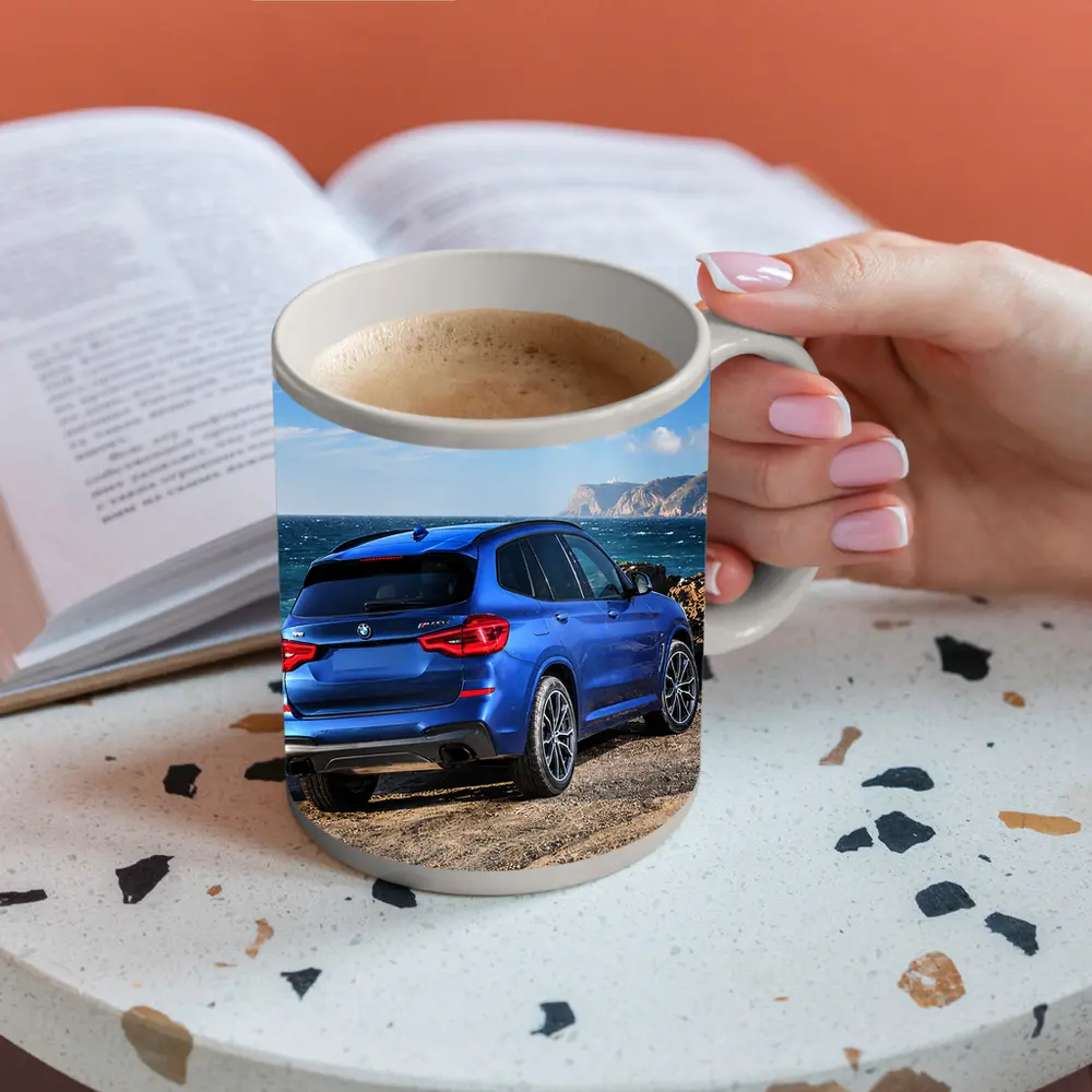 BMW X3 Blue SUV Rocky Coastal View – Mugs