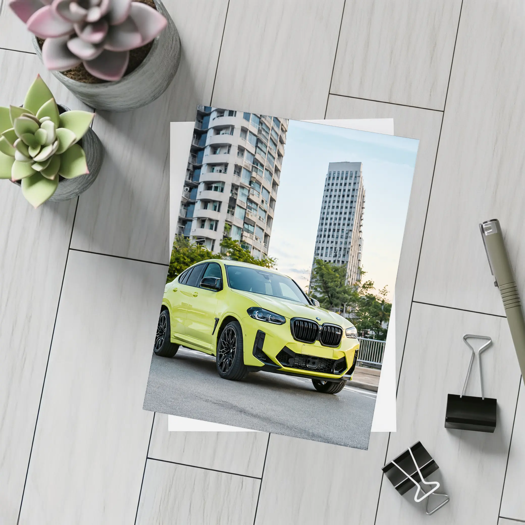 BMW X4 M Yellow Urban City Street – Postcards
