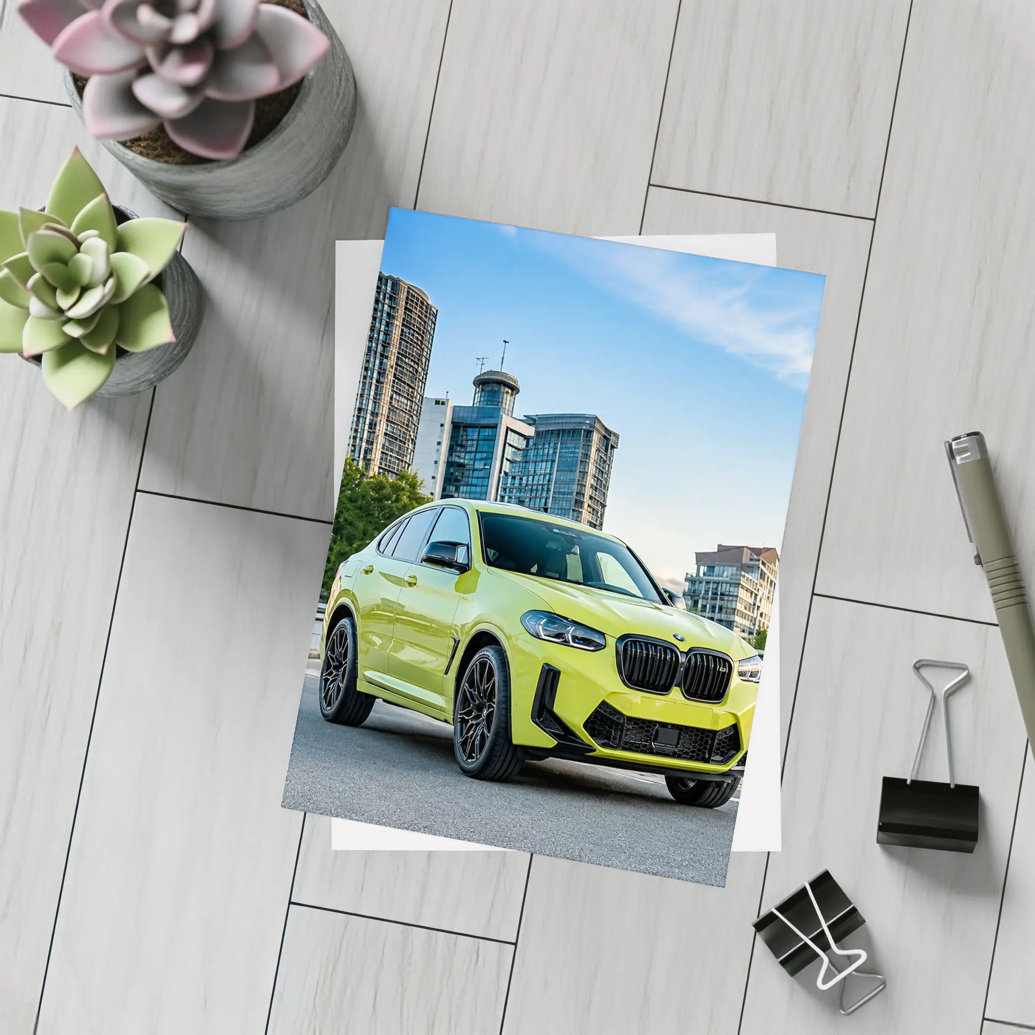 BMW X4 M City Street Yellow SUV – Postcards