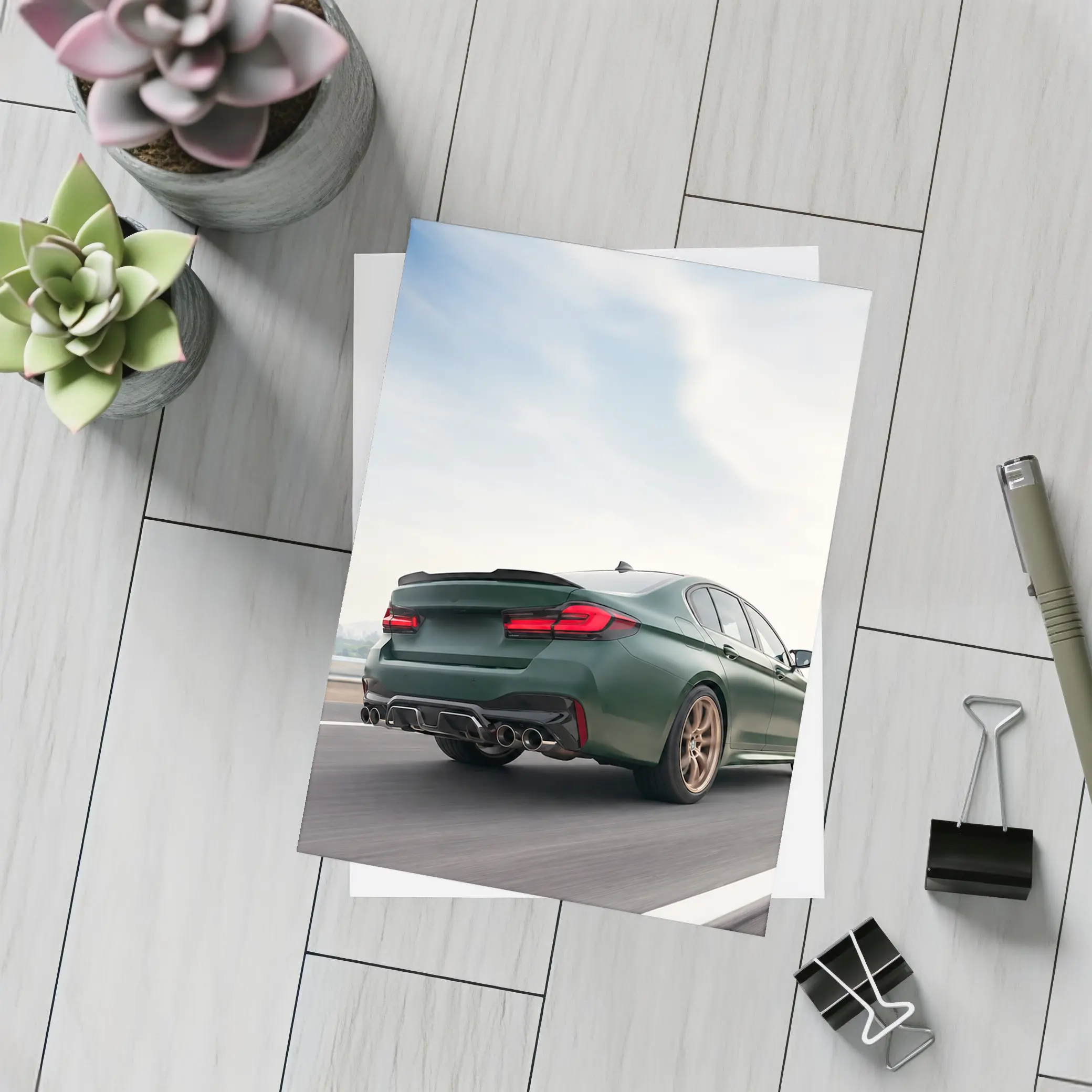 BMW M5 CS Green Sedan on Open Highway – Postcards