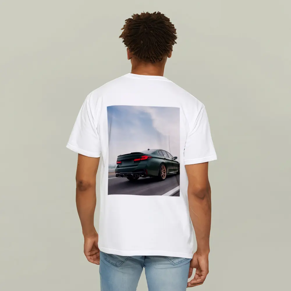 BMW M5 CS Green Sedan on Open Highway – T-Shirts