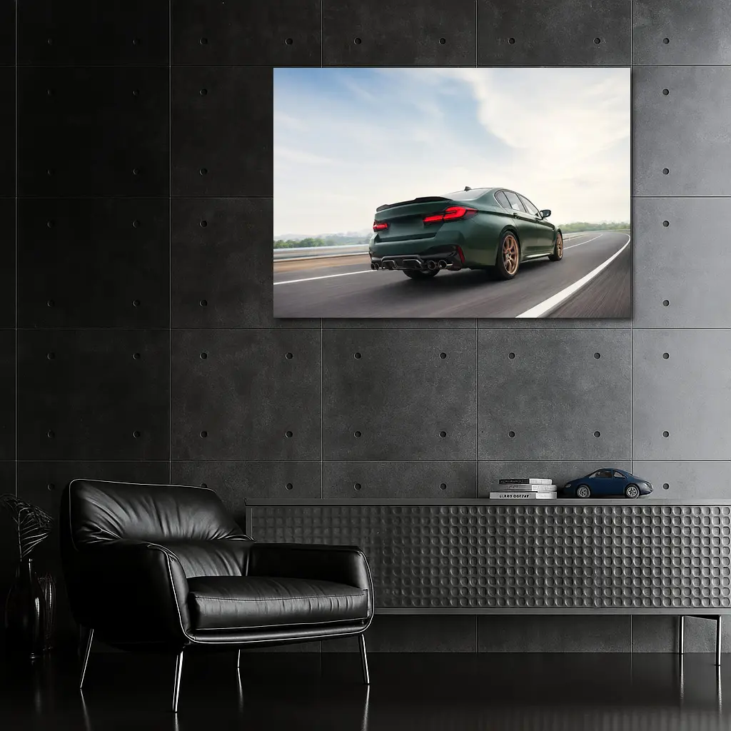BMW M5 CS Green Sedan on Open Highway – Wall Art