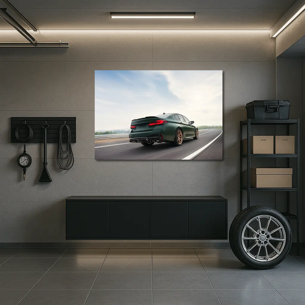 BMW M5 CS Green Sedan on Open Highway – Wall Art