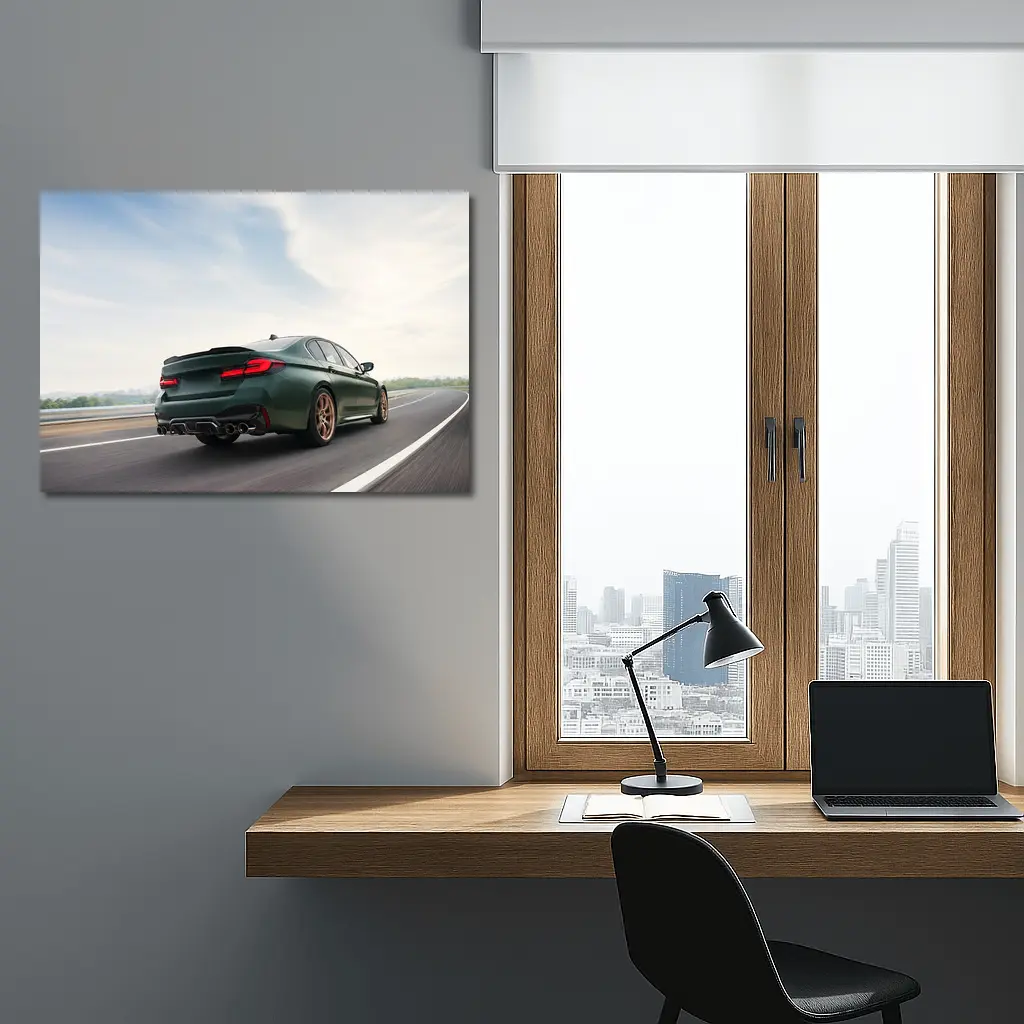 BMW M5 CS Green Sedan on Open Highway – Wall Art