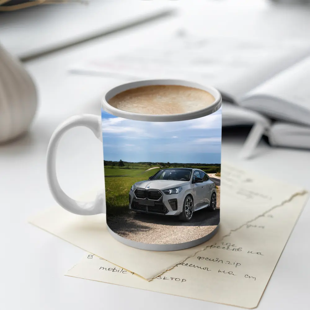BMW X6M Silver on Rural Gravel Road – Mugs