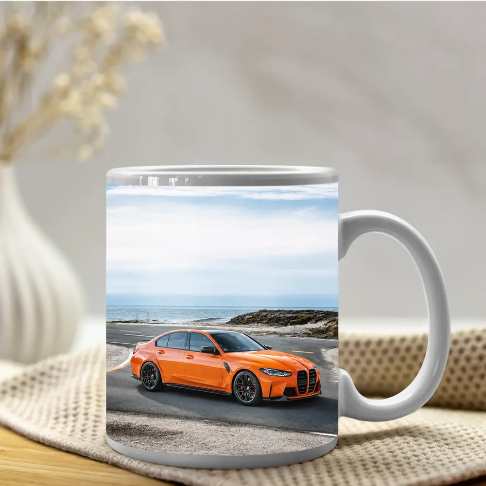 BMW M3 Orange Sedan Coastal Road – Mugs