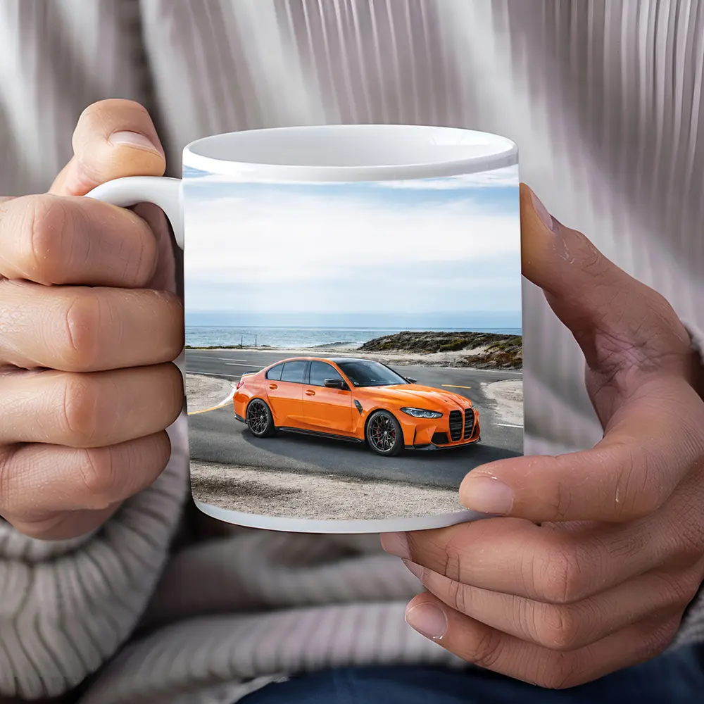 BMW M3 Orange Sedan Coastal Road – Mugs