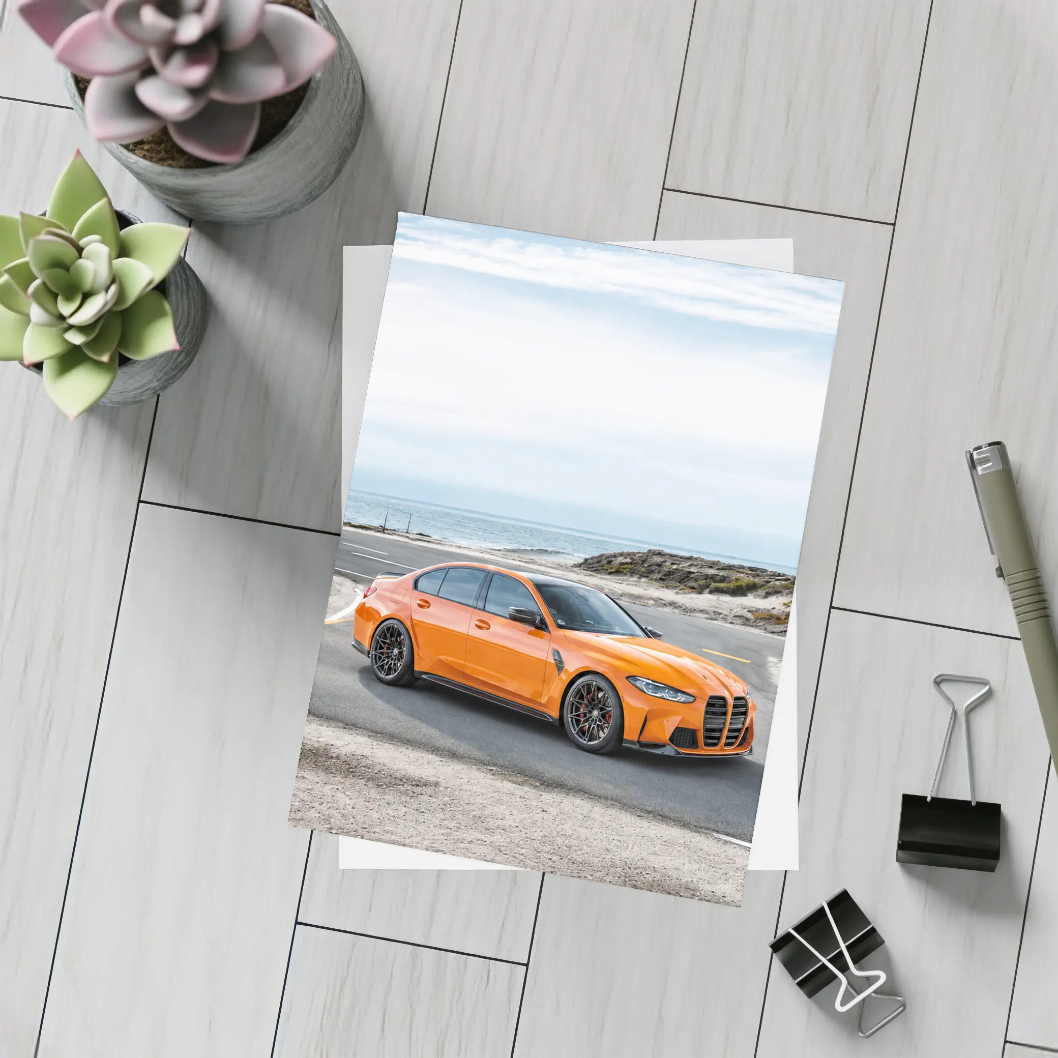 BMW M3 Orange Sedan Coastal Road – Postcards