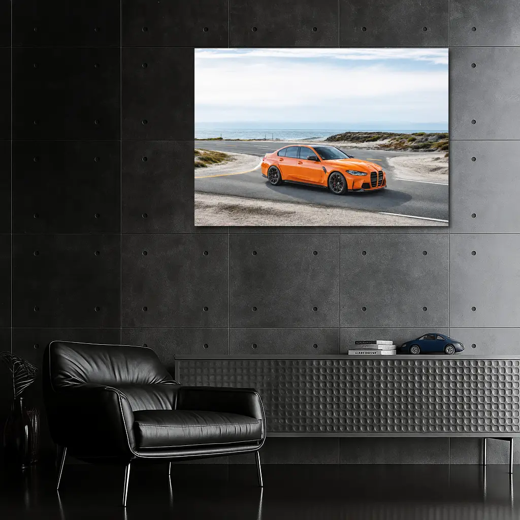 BMW M3 Orange Sedan Coastal Road – Wall Art
