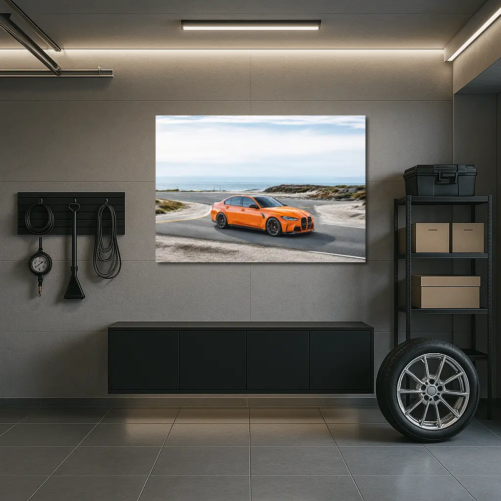 BMW M3 Orange Sedan Coastal Road – Wall Art