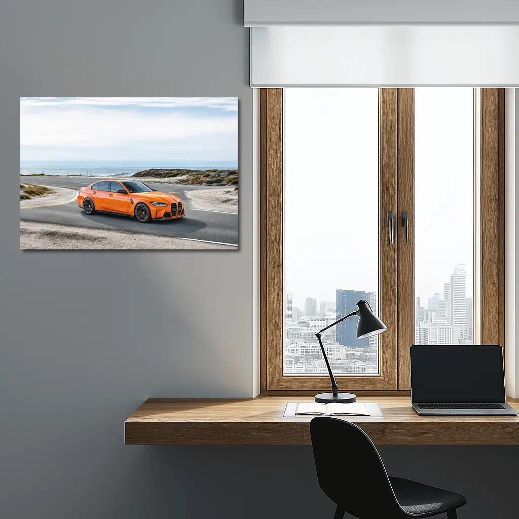 BMW M3 Orange Sedan Coastal Road – Wall Art