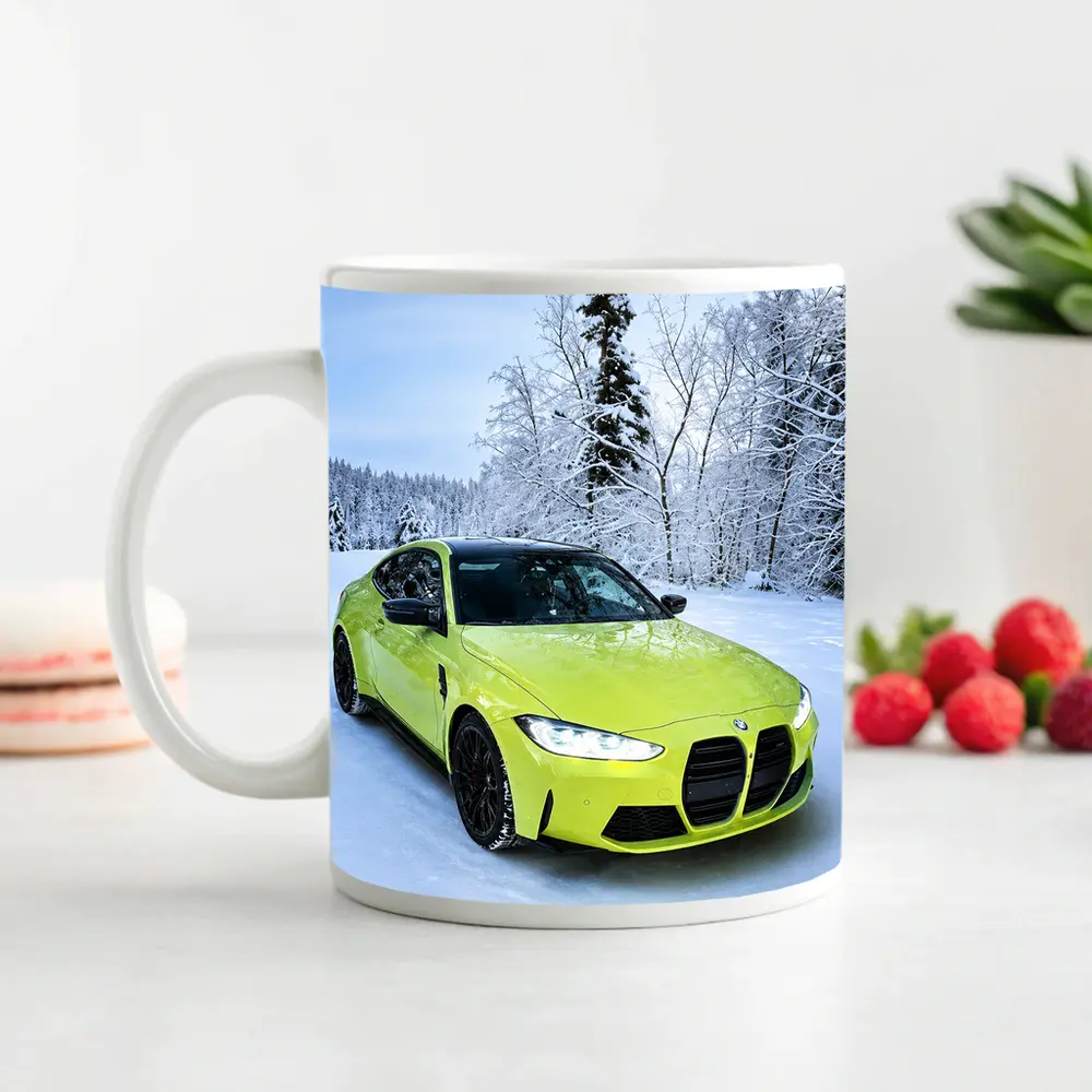 BMW M4 Lime Green Snow Winter Forest – Mugs