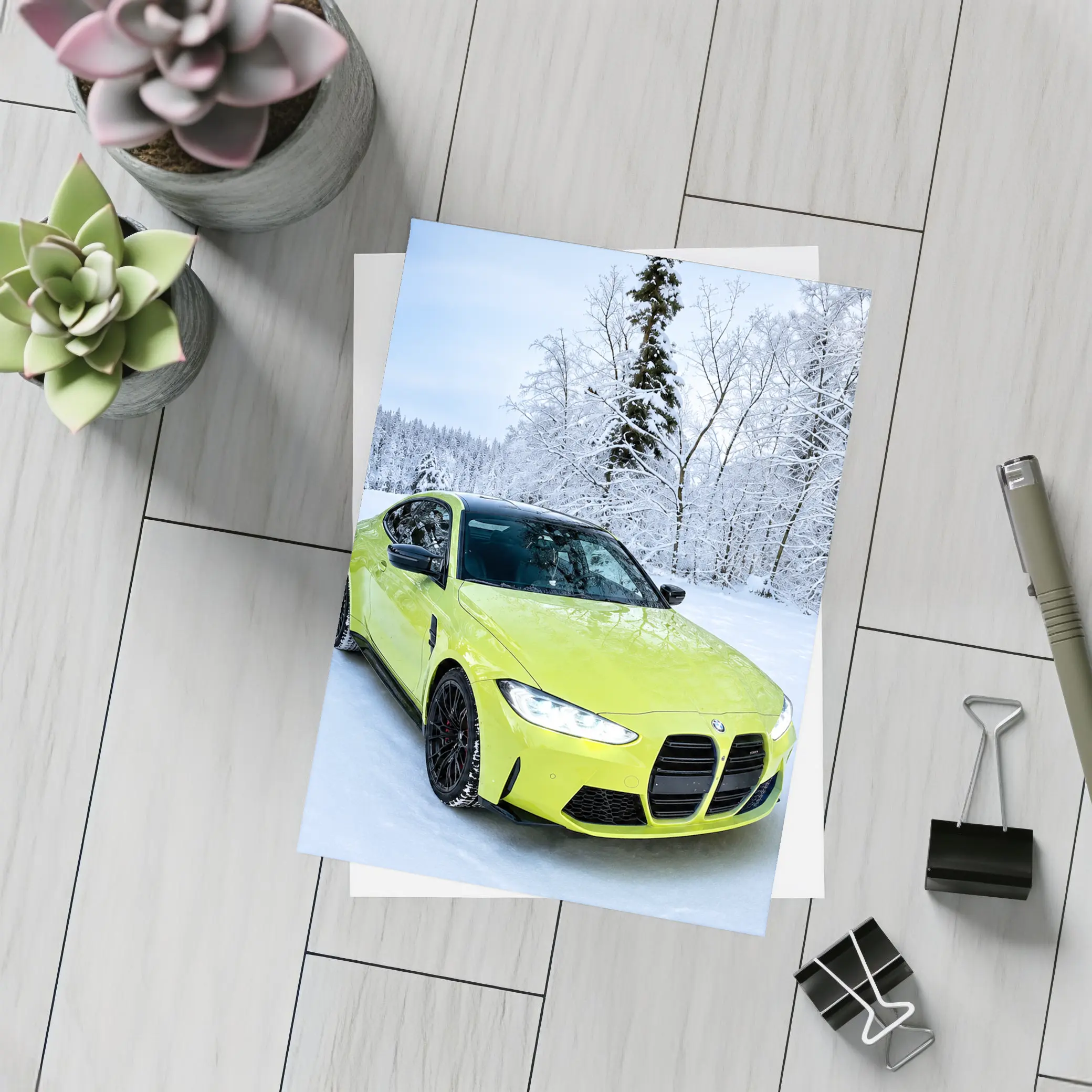 BMW M4 Lime Green Snow Winter Forest – Postcards