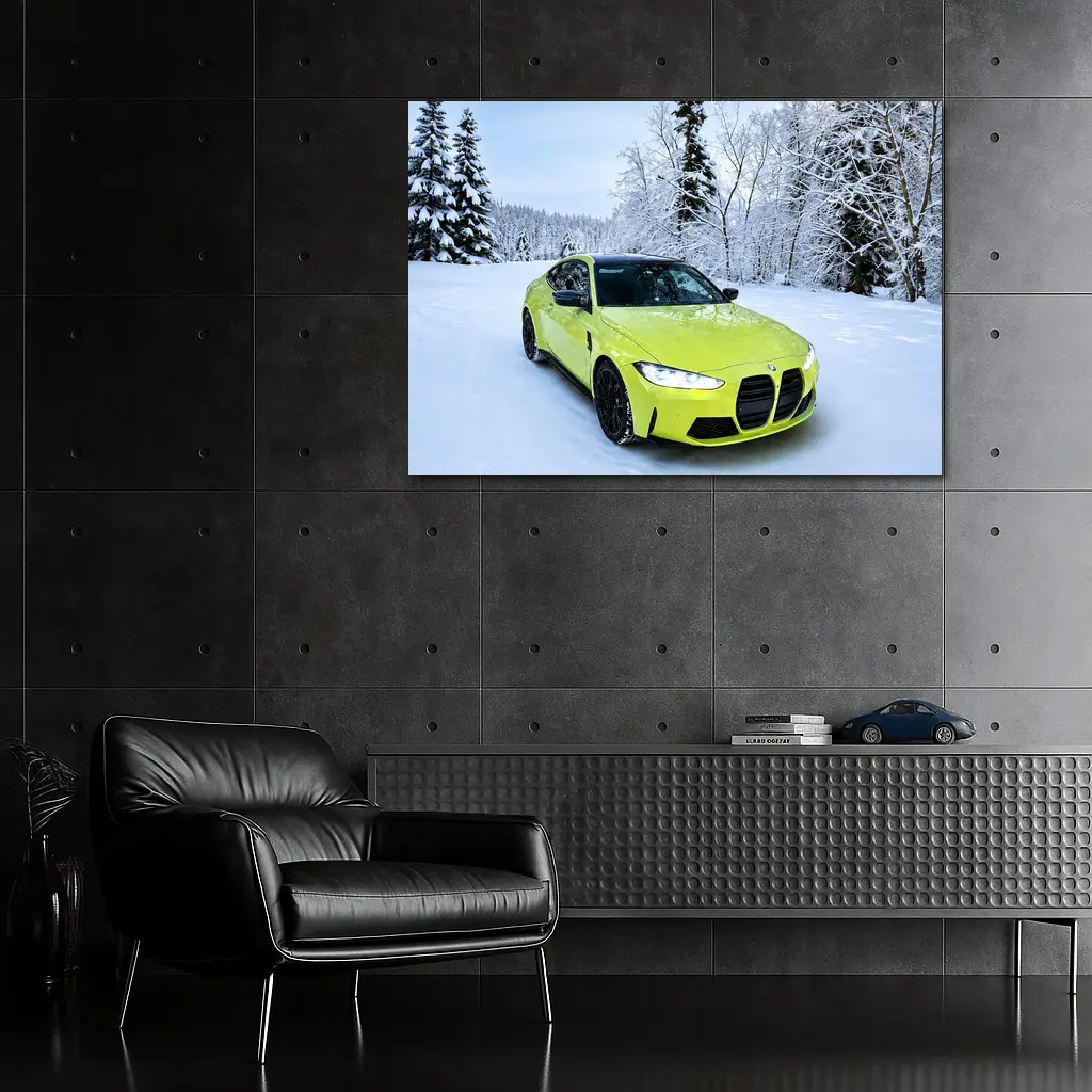 BMW M4 Lime Green Snow Winter Forest – Wall Art