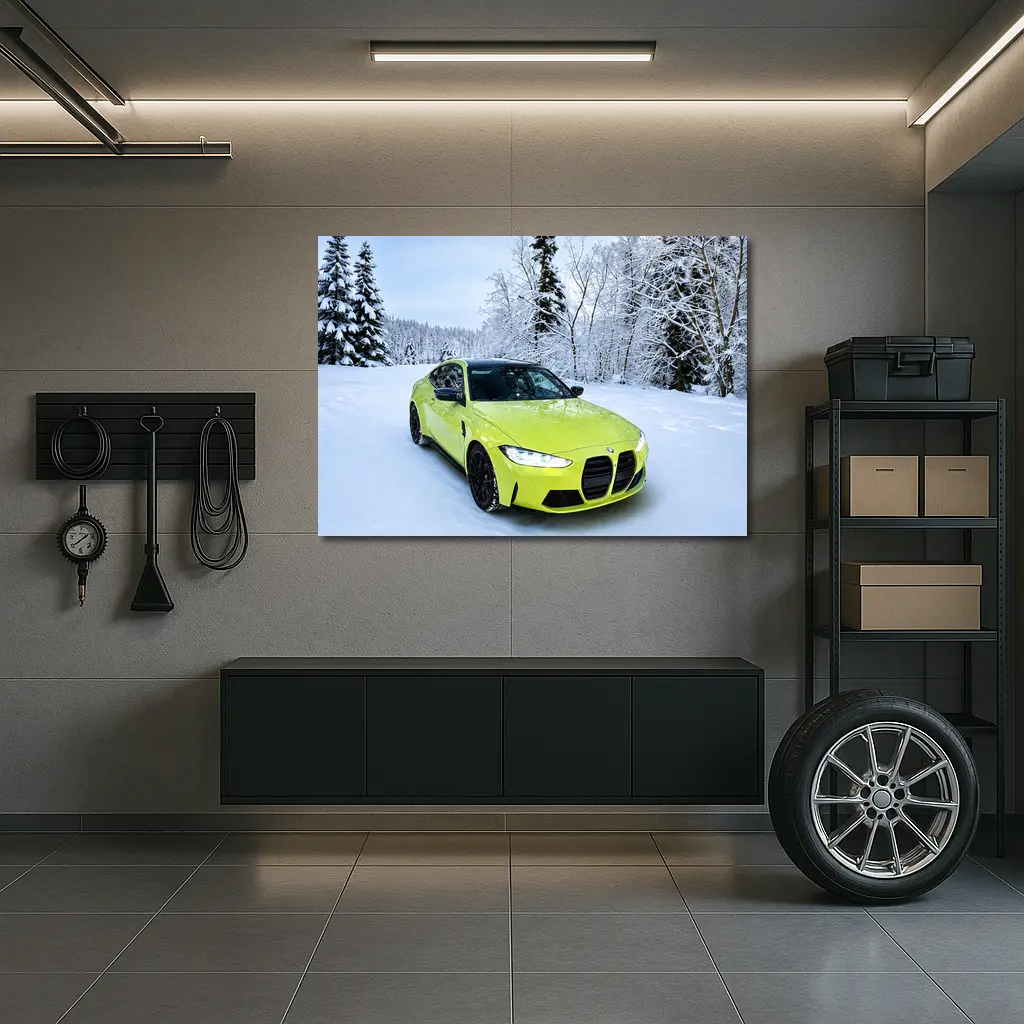 BMW M4 Lime Green Snow Winter Forest – Wall Art