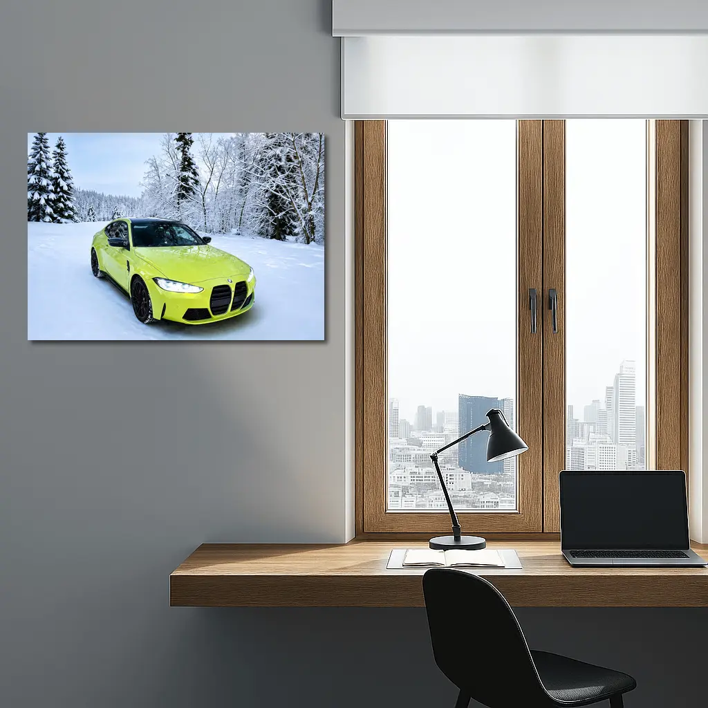 BMW M4 Lime Green Snow Winter Forest – Wall Art